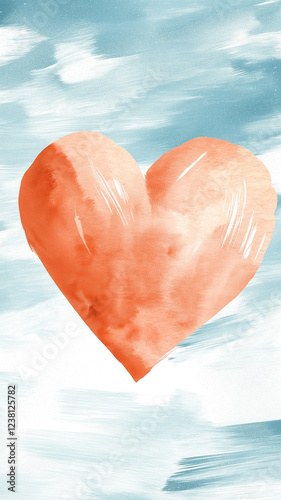A watercolor painting of a heart with a blue sky in the background