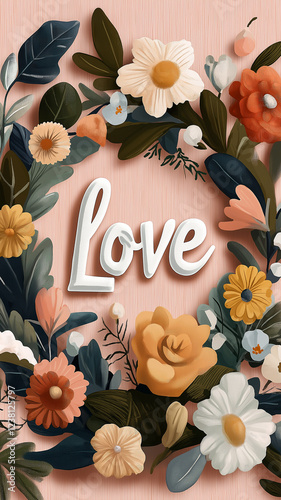 A colorful floral wreath with the word LOVE written in white