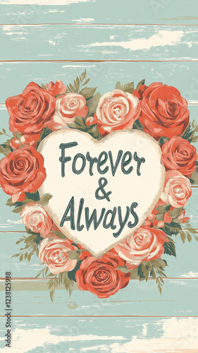 A heart with red roses and the words Forever and Always written on it