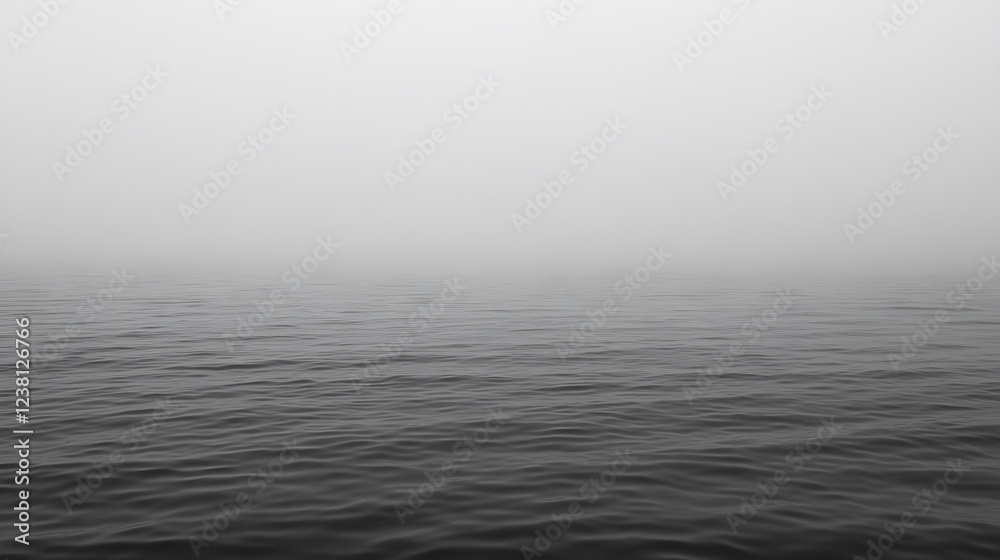 Obraz premium A serene, monochromatic view of a foggy sea, blending seamlessly with the misty horizon, creating a tranquil and mysterious atmosphere