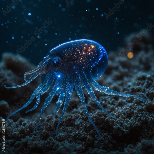 .A Firefly Squid appearing like a tiny galaxy, its glowing blue lights resembling stars in deep space. photo