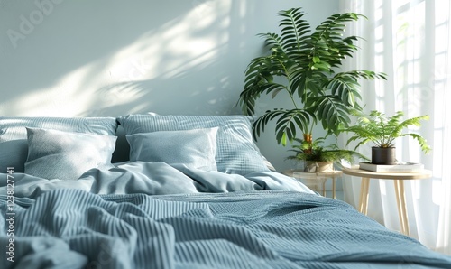 A sunlit bedroom features a blue bed with textured bedding, accompanied by lush potted plants on a small wooden side table near a window.