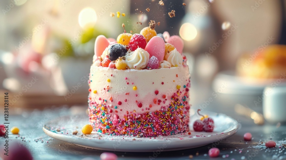 Colorful Dessert Cake with Fruits and Sprinkles on a Table Colorful Dessert Cake with Fruits and Sprinkles on a Table