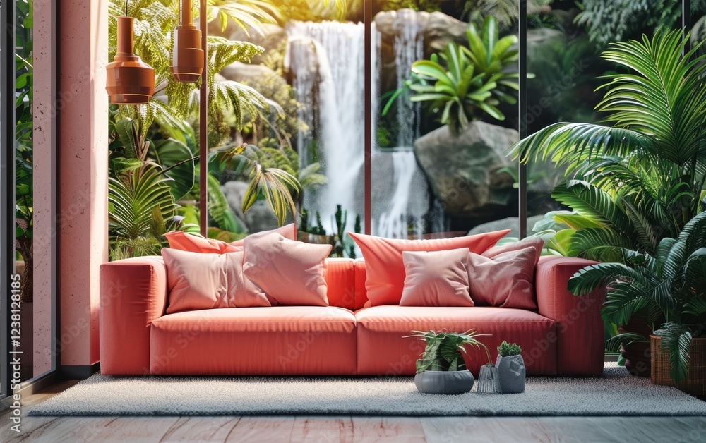 Coral colored plush scandinavian sofa for relaxing near houseplants sits in a modern living room overlooking a lush tropical scene with a waterfall.