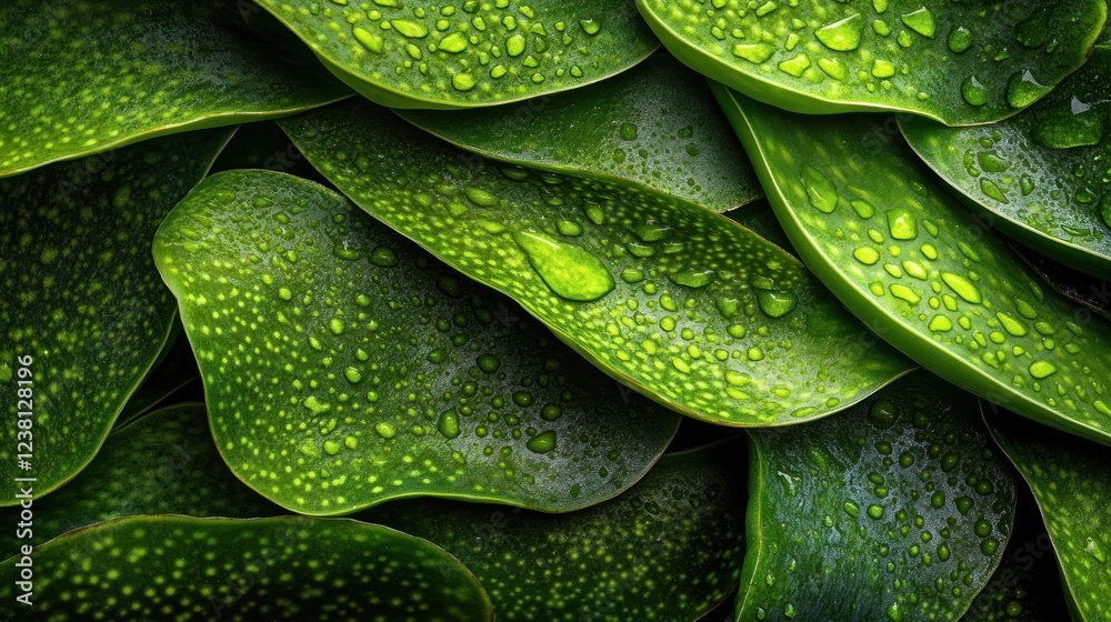 Obraz premium Close-Up of Fresh Green Leaves with Water Droplets Showcasing Natural Texture and Vibrant Colors