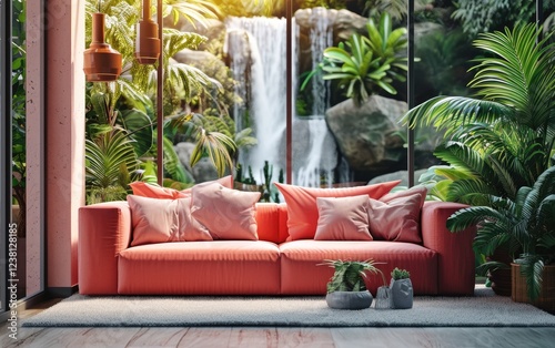 Obraz na płótnie Coral colored plush scandinavian sofa for relaxing near houseplants sits in a modern living room overlooking a lush tropical scene with a waterfall. w salonie