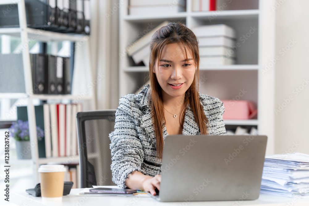 Focused on the Task: A young businesswoman in a stylish blazer sits at her desk, intently focused on her laptop. Her confident smile hints at her dedication and success in a modern office setting. Focused on the Task: A young businesswoman in a stylish blazer sits at her desk, intently focused on her laptop. Her confident smile hints at her dedication and success in a modern office setting.