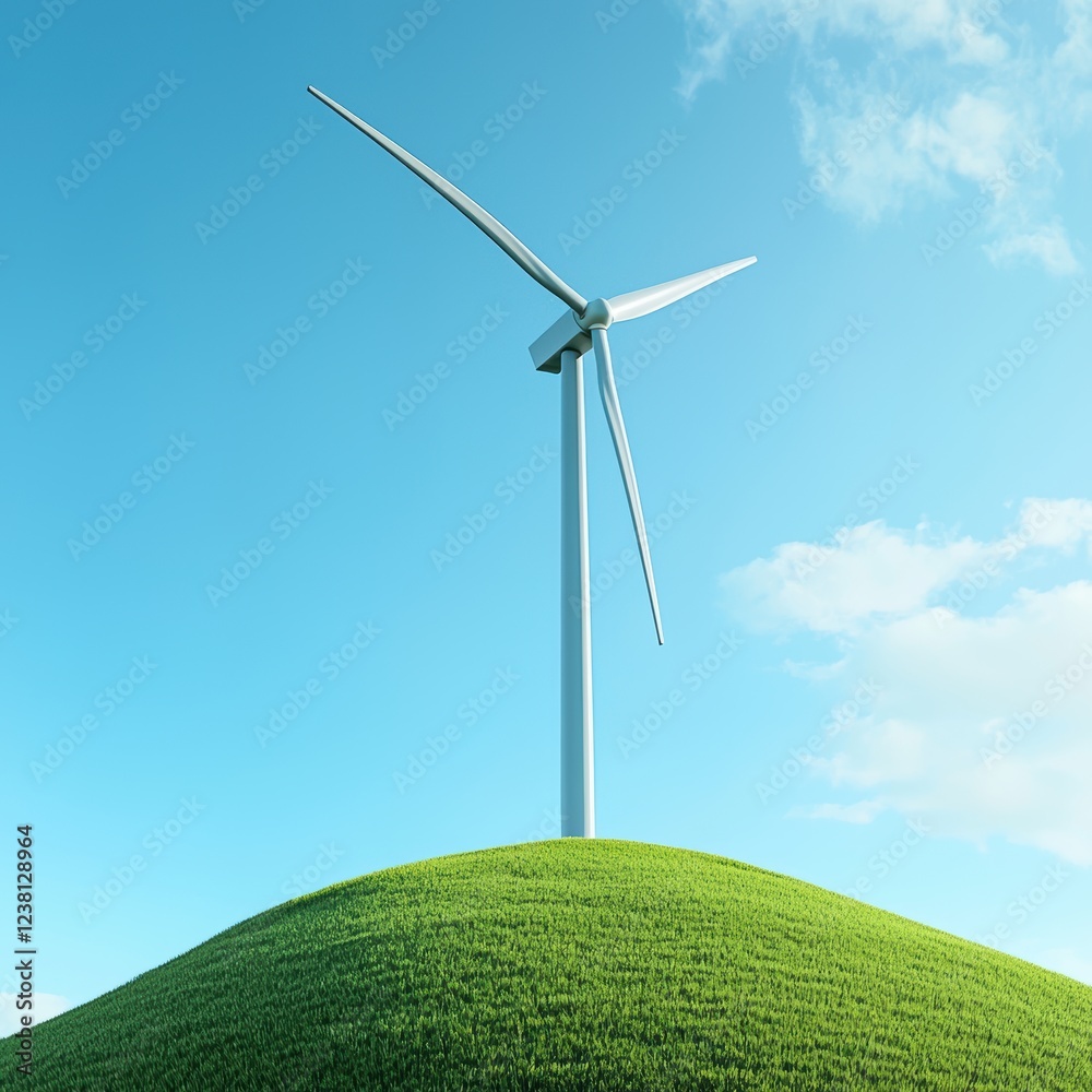 Fototapeta premium wind turbine on a grassy hill under a bright blue sky, symbolizing wind energy, isolated on a clean white background