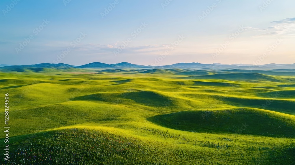 Obraz premium Aerial landscapes nature concept. Vast green hills under a clear blue sky, showcasing nature's beauty and tranquility.