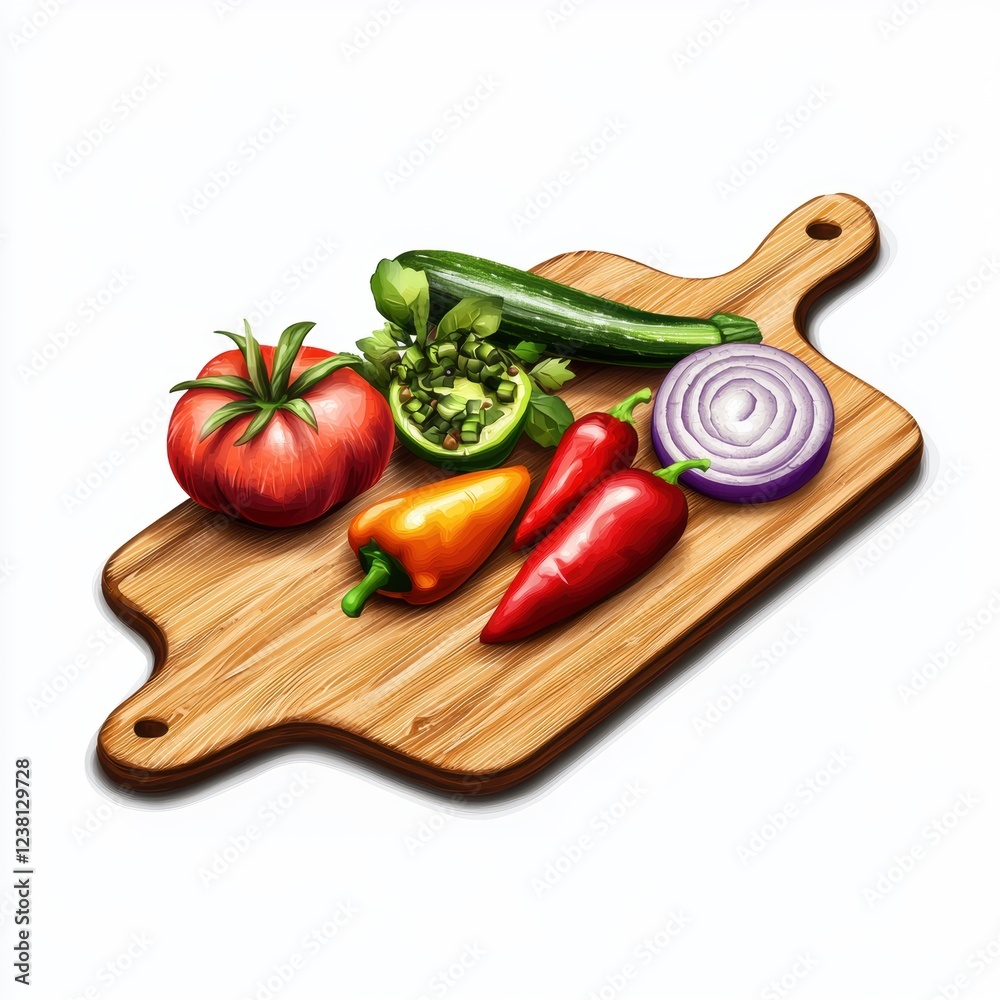 Wooden cutting board with fresh vegetables on top, placed on a bright white background Wooden cutting board with fresh vegetables on top, placed on a bright white background