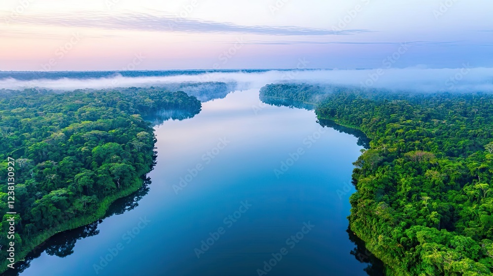 Obraz premium Aerial landscapes nature concept. A serene river winding through lush green forests at dawn, reflecting tranquil skies.