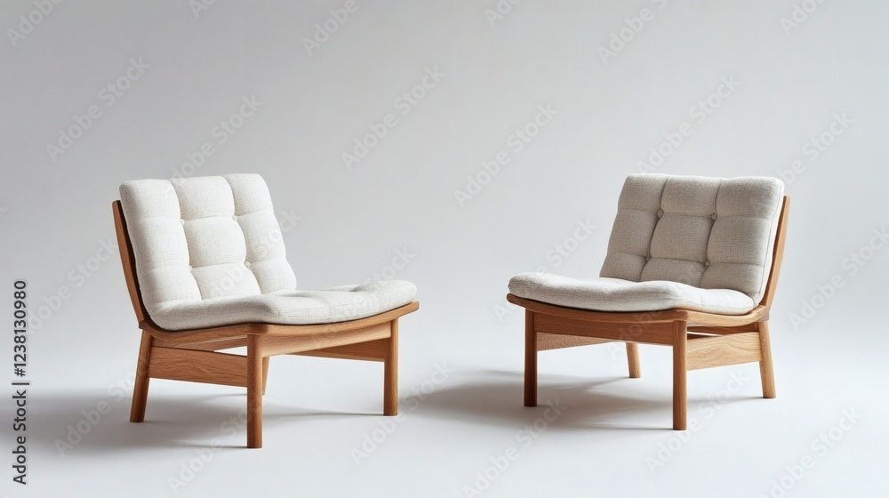 Pair of Modern Minimalist Upholstered Lounge Chairs in Light Wood and Cream Fabric
