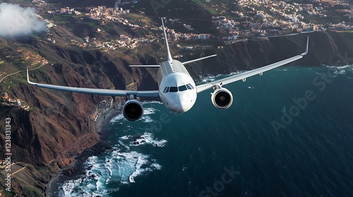 Vista frontal de un Airbus A320 blanco descendiendo con el tren de aterrizaje desplegado, preparÃ¡ndose para el contacto con la pista en La Palma photo