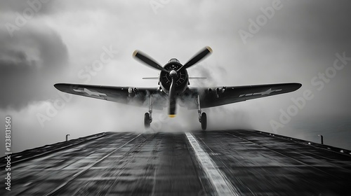 Vista trasera de un F4U Corsair despegando desde una pista de portaaviones, dejando una estela de humo mientras la hÃ©lice genera un potente empuje