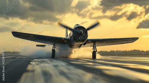 Vista trasera de un F4U Corsair despegando desde una pista de portaaviones, dejando una estela de humo mientras la hÃ©lice genera un potente empuje