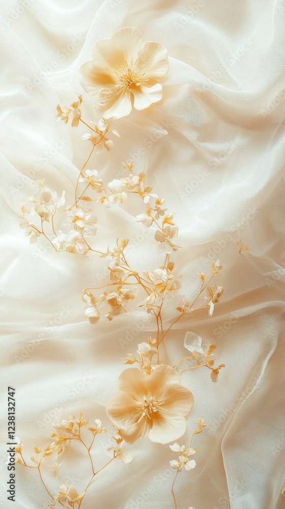 Elegant Soft Flower Arrangement on Cream Silk Fabric Background Elegant Soft Flower Arrangement on Cream Silk Fabric Background