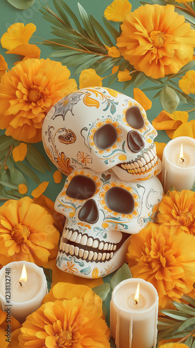 Two skulls are sitting on a table with candles and flowers