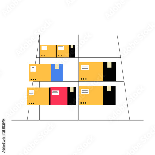 Warehouse Storage Shelves With Packages In Flat Vector Illustration Symbolizing Logistics, Inventory Management, And Shipping, Isolated On White Background