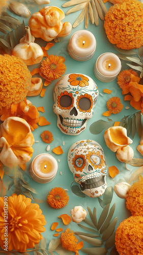 A colorful arrangement of flowers and skulls on a blue background