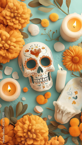 A skull is surrounded by orange flowers and candles