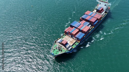Aerial top view of cargo ship carrying container and running for export cargo yard port to custom ocean concept technology transportation , customs clearance,
