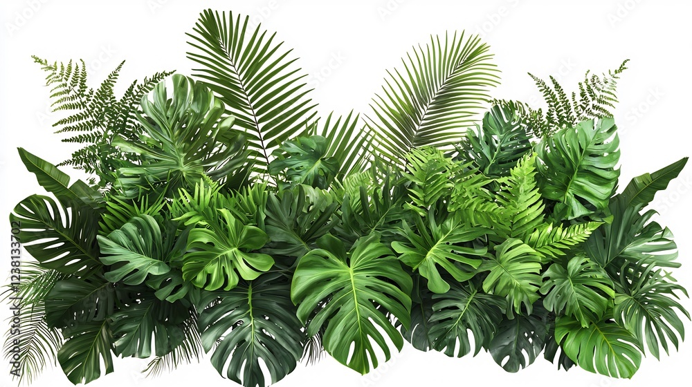 Fototapeta premium Lush Tropical Foliage: A vibrant collection of exotic green leaves, ferns and plants against a clean white background, perfect for design projects and nature enthusiasts.
