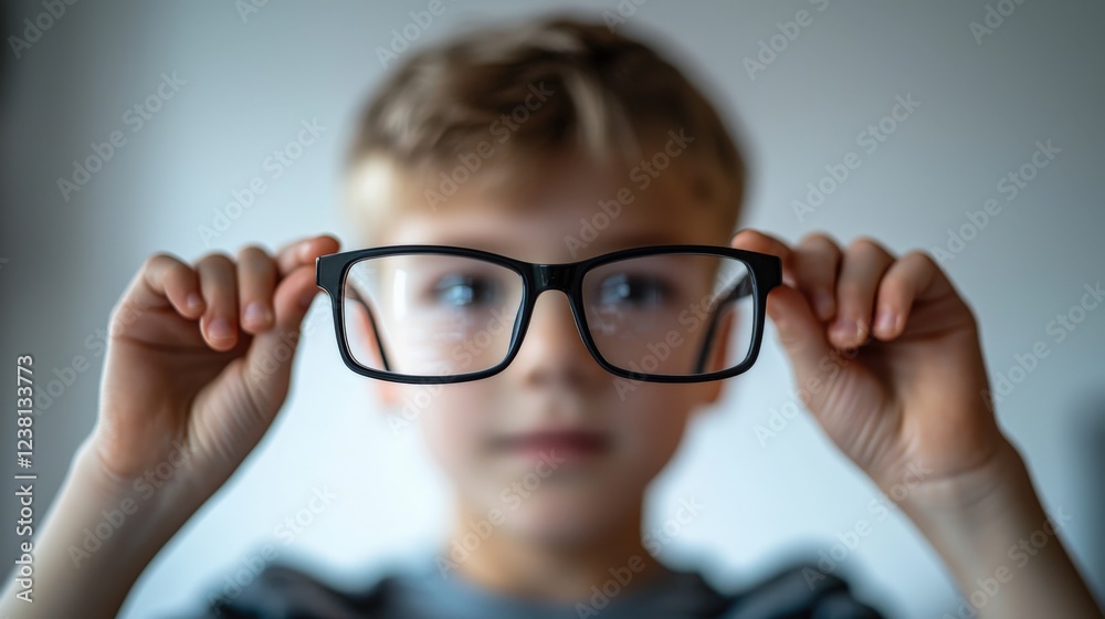 Young Boy Playing with Oversized Glasses, Curious and Playful Expression Young Boy Playing with Oversized Glasses, Curious and Playful Expression