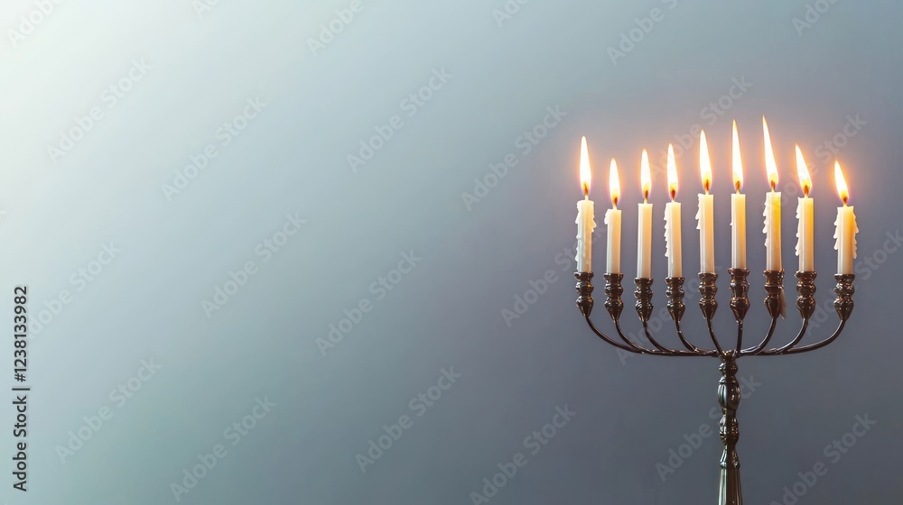Fototapeta premium Lit Menorah with White Candles on Gray Background