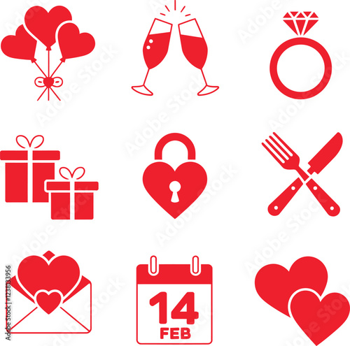 A set of valentine day icons vector design, Beautiful and Romantic Set of Valentine’s Day Icons Featuring Hearts, Love Letters, Cupids, Gifts, Roses, and More