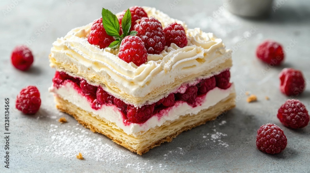 Delicious Raspberry Layer Cake with Whipped Cream and Mint Leaves Delicious Raspberry Layer Cake with Whipped Cream and Mint Leaves