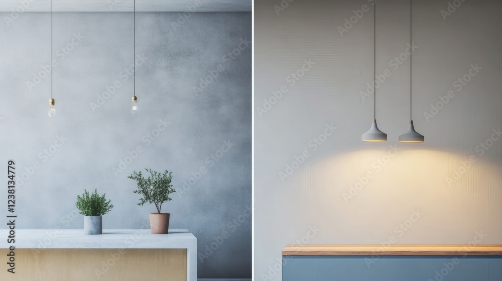 Minimalist Interior Design with Pendant Lighting and Greenery