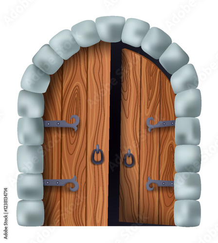 Medieval gate, open. Castle medieval door. Cartoon ancient fortress wooden gate or tower arch door. Stone arch with metal hinges for entry. Vintage city entrance, vector illustration
