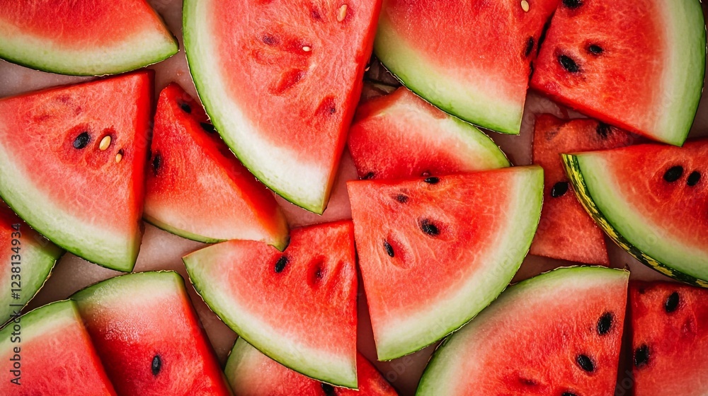 Sliced watermelon, top view, juicy photo, summer mood, perfect for background, suitable for horizontal and vertical orientation Sliced watermelon, top view, juicy photo, summer mood, perfect for background, suitable for horizontal and vertical orientation