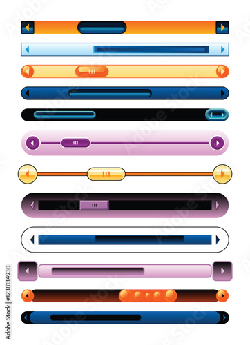 Scroll bars slider set. UI horizontal sliders set. Multicolor modern UI elements. Buttons with adjustable knobs for controlling audio or video. Vector illustration of intuitive design elements