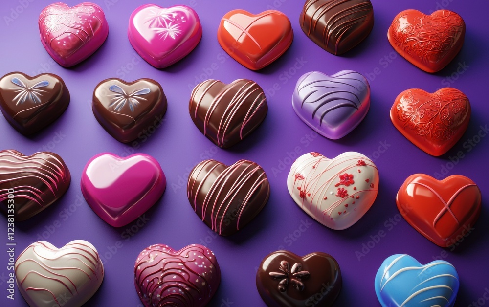 Obraz premium n assortment of colorful heart-shaped candies and chocolates, artistically arranged on a rich purple-to-indigo gradient background. Valentines Day and 8 March theme