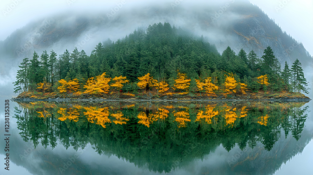 Fototapeta premium Misty Autumn Island Reflection: Breathtaking Fall Scenery
