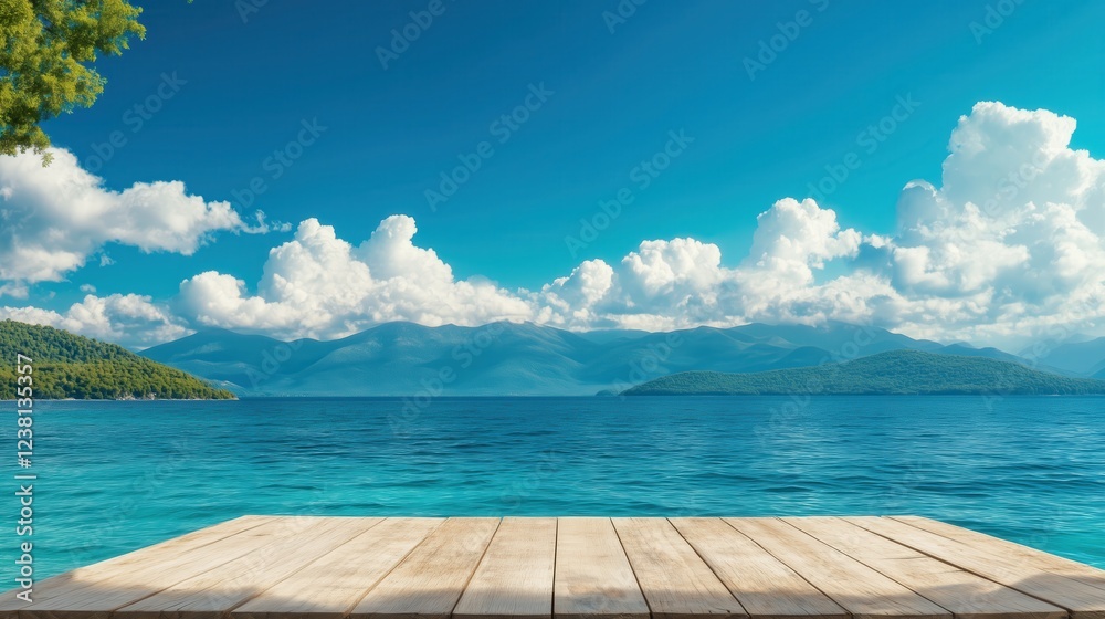 Fototapeta premium Minimalist Wooden Podium on Turquoise Shoreline with Scenic Background