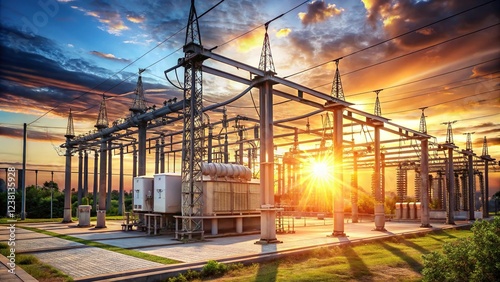 Aerial View of Sunlit Electrical Substation, High Voltage Power Lines, Energy Infrastructure