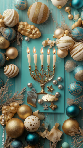 A blue background with gold and white decorations