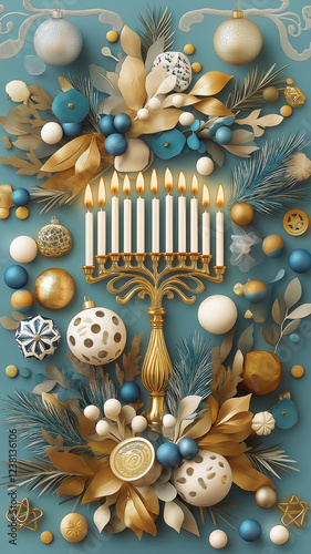 A blue and gold background with a gold candelabra and white and blue ornaments