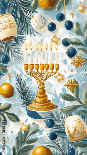 A painting of a Christmas tree with a menorah and candles