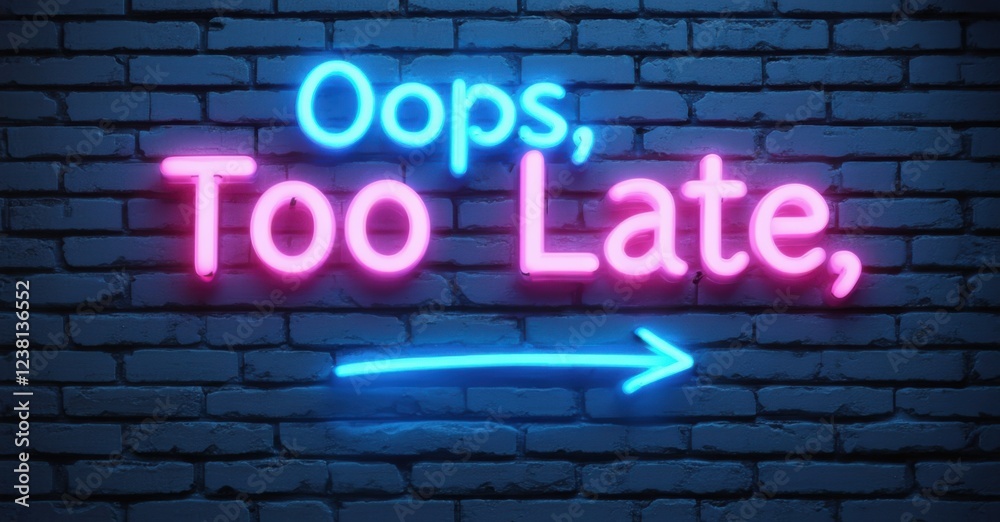 Bright neon words Oops Too Late flashing in blue and pink mounted on dark brick wall with glowing arrow creating bold contrast and playful urban ambiance Bright neon words Oops Too Late flashing in blue and pink mounted on dark brick wall with glowing arrow creating bold contrast and playful urban ambiance