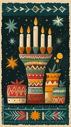 A colorful painting of a candle holder with four candles and a vase of flowers