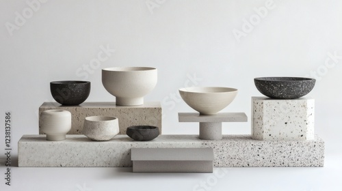Minimalist Ceramic Bowls and Vessels on Terrazzo Display