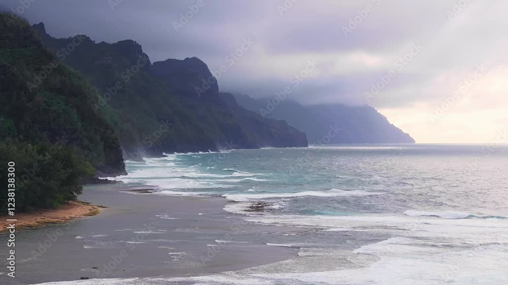 Serene aerial view of Napali Coast on Kauai Island, Hawaii, with misty cliffs, rolling ocean waves, sandy shoreline, and an overcast sky. Serene aerial view of Napali Coast on Kauai Island, Hawaii, with misty cliffs, rolling ocean waves, sandy shoreline, and an overcast sky.