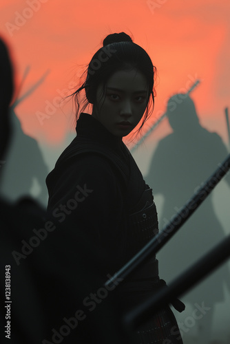 Fierce warrior in black armor with dramatic sunset background, surrounded by silhouettes of other fighters photo