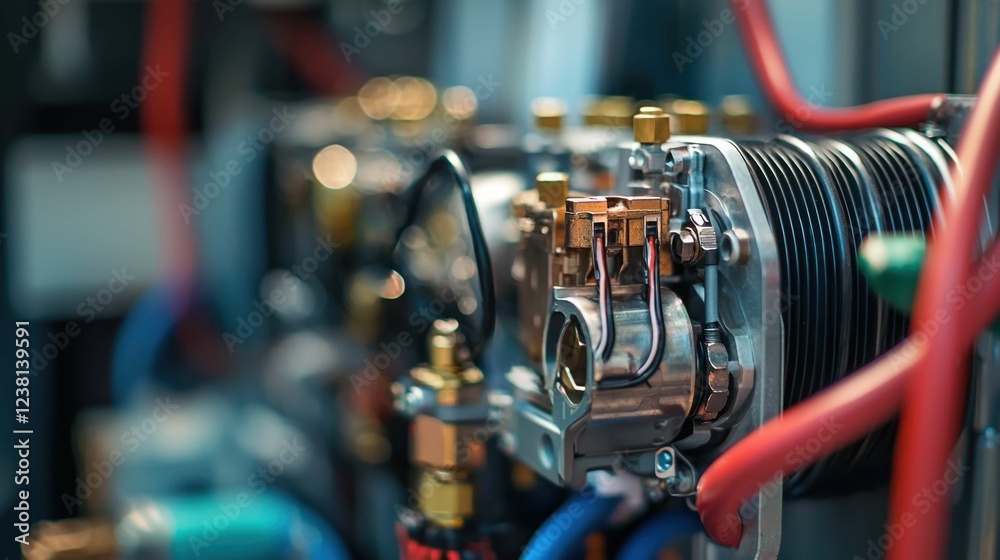Obraz premium Close-Up View of Industrial Compressor System with Colorful Wiring