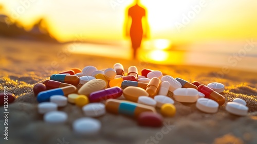 Pills scattered on the beach at sunset. photo