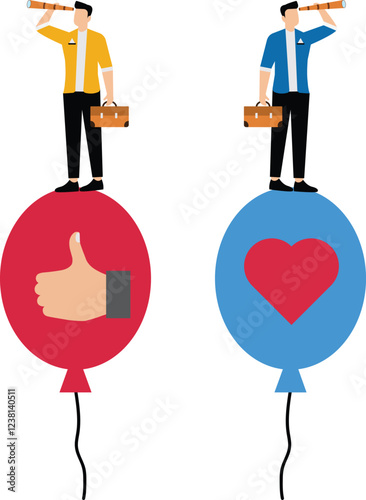 Social media marketing strategies and plans, branding or advertising promotional programs, customer engagement and feedback, businessmen pulling thumbs up and heart-shaped balloons in mid-air discover