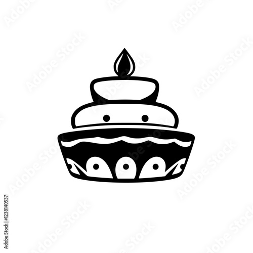 A delightful black and white illustration of a birthday cake with a single candle. Perfect for celebratory designs and baking-themed projects.